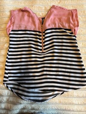 Absolute Angel Pink Yoke Black & White Striped Blouse with Gold Zip